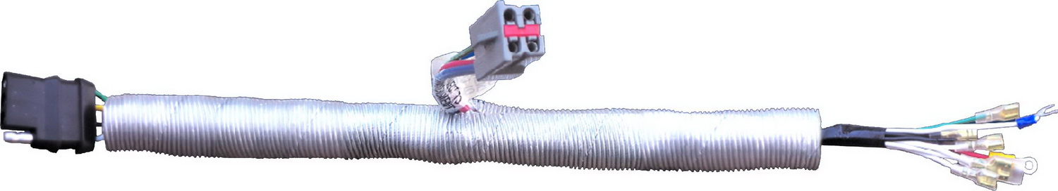 Silver wire hose shield with a flexible design, featuring a connector at one end and multiple colored wires exposed at the other, suitable for 5/8 inch applications.
