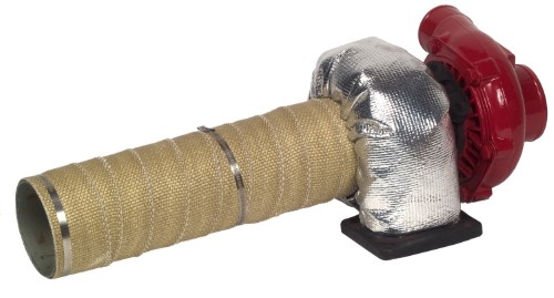 Thermo Tec 15001 Turbo Insulating Kit featuring a gold-colored wrap, aluminized heat barrier, and red turbocharger, designed for 4-cylinder engines with included hardware and instructions.