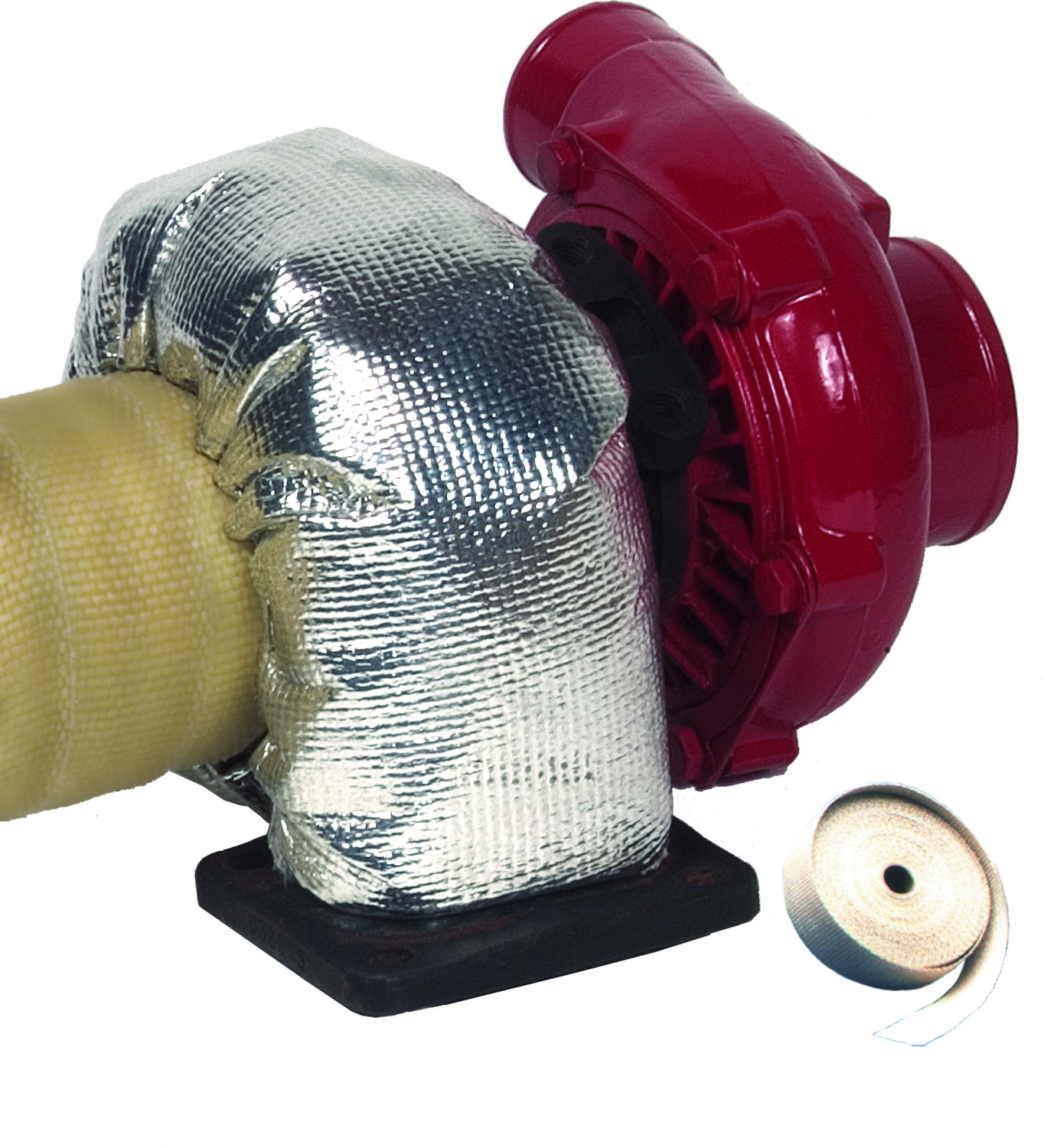 Turbocharger wrapped in silver insulating material with a red housing, accompanied by a roll of insulation tape, designed for 6-8 cylinder engines.