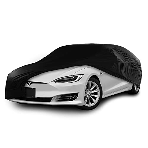 Black indoor car cover made of elastic, breathable, and dustproof fabric, featuring a soft lining for a snug fit, designed for large saloon models.