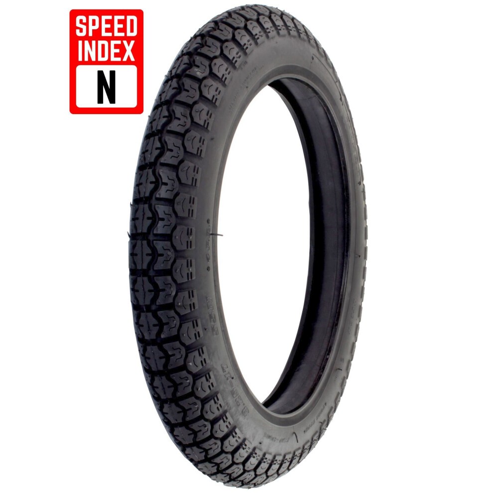 Black rubber tyre with a tread pattern designed for grip, labeled "Cougar 876 Tyre - 325-17" and marked with a red "SPEED INDEX N" sign.