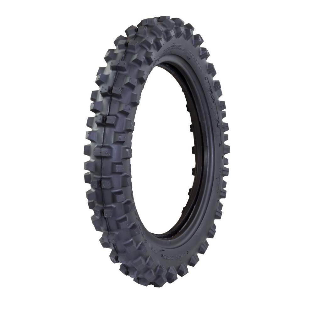 Black rubber rear motocross tyre, 80/100-12 size, featuring a rugged tread pattern for enhanced grip and durability, designed for off-road performance.