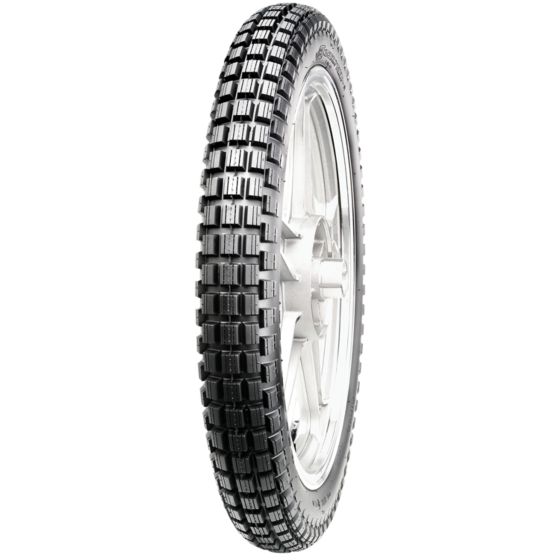 CST C186 4PR TT Trail Front Tyre in size 3.00-14, featuring a rugged tread pattern for enhanced grip, with a black rubber surface and a silver alloy wheel in the background.