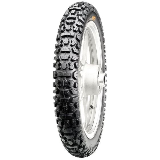 CST C858 59P E4 4pr rear tyre in black rubber, featuring a rugged tread pattern for enhanced grip, mounted on a silver metal rim, size 410 x 18.