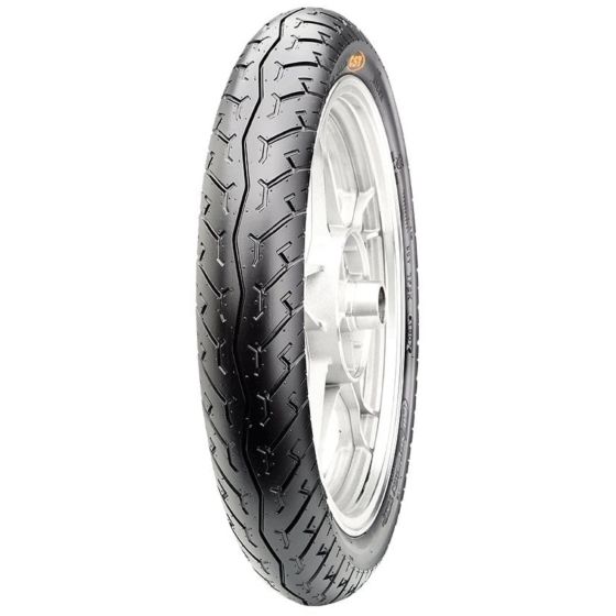 Black CST C918 TL E 52P front tyre with a 100/80-17 size, featuring a tread pattern designed for grip and stability, mounted on a silver alloy wheel.