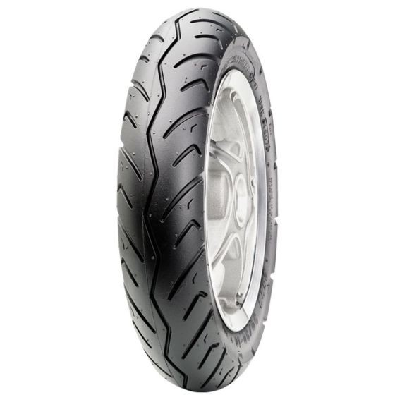 Black CST C922 56J scooter tyre, size 100/90-10, featuring a tread pattern designed for grip and stability, with a silver wheel rim partially visible.