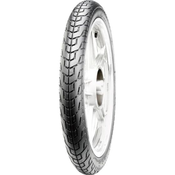 Black rubber front tyre with a tread pattern, labeled CST C910 4PR 42P, designed for Yamaha YBR125F, size 275-18, mounted on a silver alloy wheel.