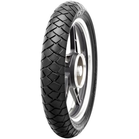 CST CM-A3 59V TL Ride Ambro tyre in size 110/80-19, featuring a black rubber tread with a unique pattern and a silver rim accent.