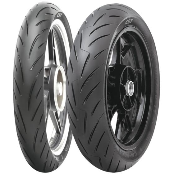 CST CM-NK01 66S tubeless street front tyre in size 140/70-17, featuring a sleek black rubber design with prominent tread patterns for enhanced grip and performance.
