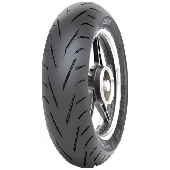 CST CM-SC01 60P TL scooter tyre in black rubber, size 120/80-16, featuring a sleek tread pattern and a silver rim visible in the background.