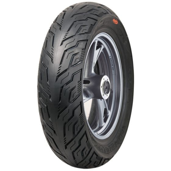 CST CM547 56S tubeless urban travel front tyre, size 100/80-16, featuring a black rubber surface with a tread pattern designed for enhanced grip and stability.