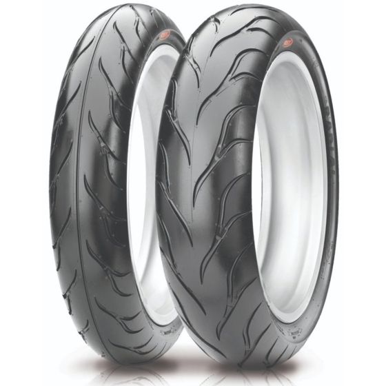 CST Radial CM615/6 tyre set featuring a 150/60R17 rear and 110/70R17 front, with a sleek black rubber finish and a tread pattern designed for performance.