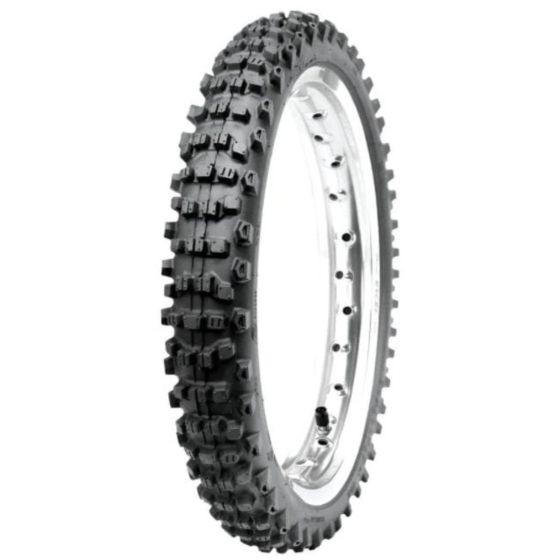 CST CM713 Talaria Sting tyre in size 80/100-19, featuring a rugged black rubber tread with deep grooves for traction, and a silver rim with multiple air holes.