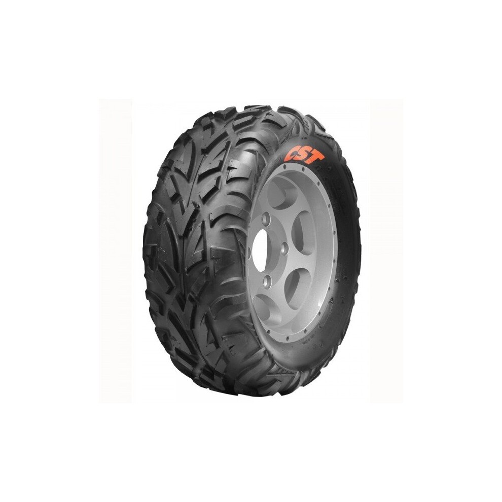 CST Wildcat 2 CU19 6PR TL E M&S front tyre features a rugged tread pattern, black rubber material, and a silver alloy rim with CST branding, sized 25x8-12.
