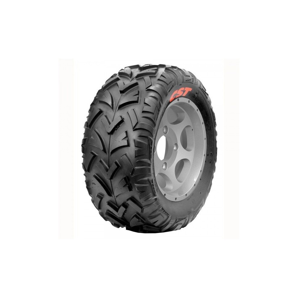 CST Wildcat 2 CU20 quad tyre in black rubber, featuring an aggressive tread pattern, marked with "CST" in red, mounted on a silver alloy wheel, size 25x10-12.