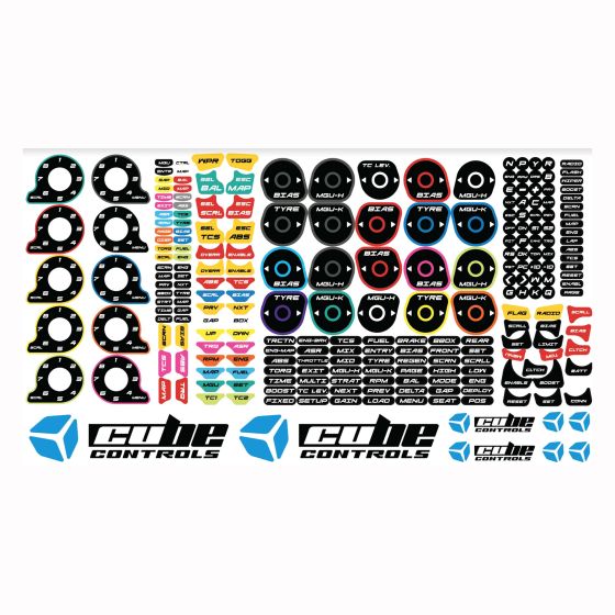 A variety of colorful steering wheel stickers featuring black, red, blue, and yellow designs, including logos, labels, and symbols for customizable racing applications.
