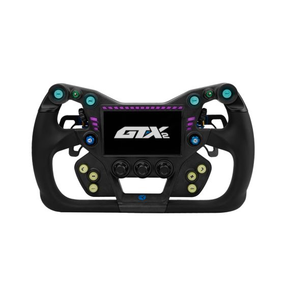 Black Cube Controls GT-X2 sim racing steering wheel with 300mm diameter, featuring black paddles, colorful buttons, and a central display for enhanced racing control.