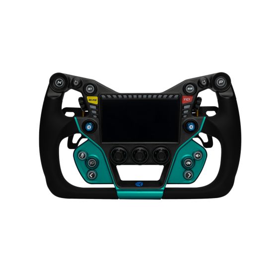 Green and black Cube Controls GT-X2 sim racing steering wheel featuring a 320mm diameter, customizable buttons, and a central display.