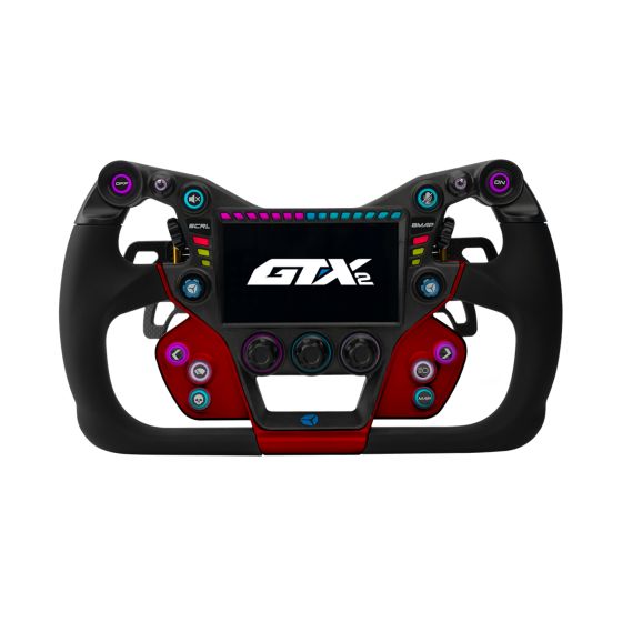 Red and black Cube Controls GT-X2 sim racing steering wheel featuring a 300mm diameter, with black paddles, colorful buttons, and a digital display in the center.