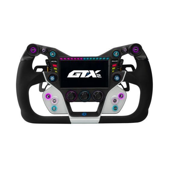 Cube Controls GT-X2 sim racing steering wheel featuring a sleek white design, black paddles, a 320mm diameter, and a digital display with colorful buttons and dials.