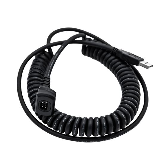 Coiled black USB cable with a magnetic connector on one end and a standard USB plug on the other, featuring a durable, flexible design for easy use.