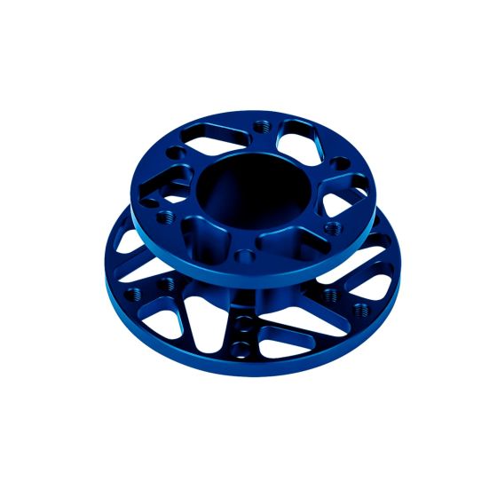 Blue aluminum Cube Controls Universal Main Hub featuring a sleek design with cutouts and a central opening, ideal for racing applications.