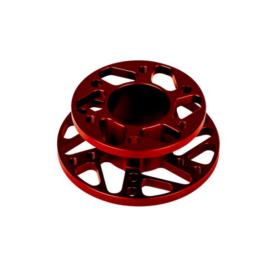 Red aluminum Cube Controls Universal Main Hub with a circular design, featuring multiple cutouts and threaded holes for enhanced functionality and lightweight construction.