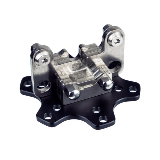 Universal quick release mechanism in black metal with a silver aluminum connector, featuring multiple mounting holes for secure attachment.