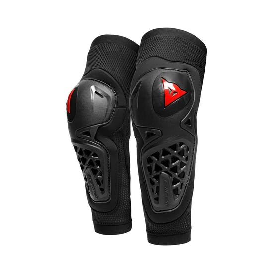 Black and red Dainese MX1 elbow protectors in size L, featuring a breathable mesh design and Level-1 protection with molded plastic caps for enhanced safety.