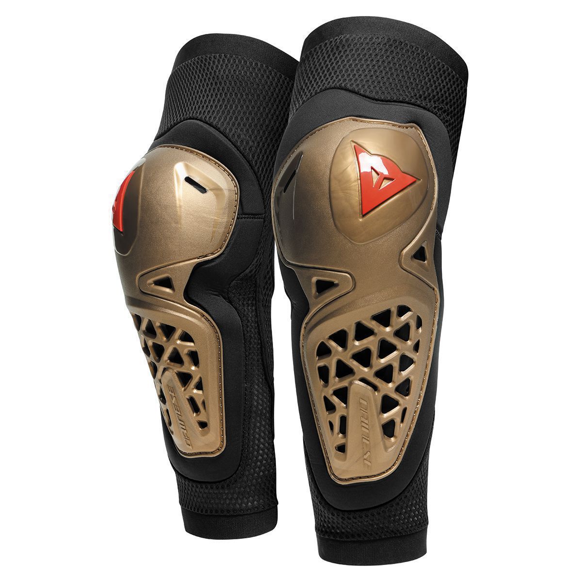 Black and copper elbow protectors with red accents, featuring a breathable mesh material and a honeycomb structure for enhanced protection, size M by Dainese.