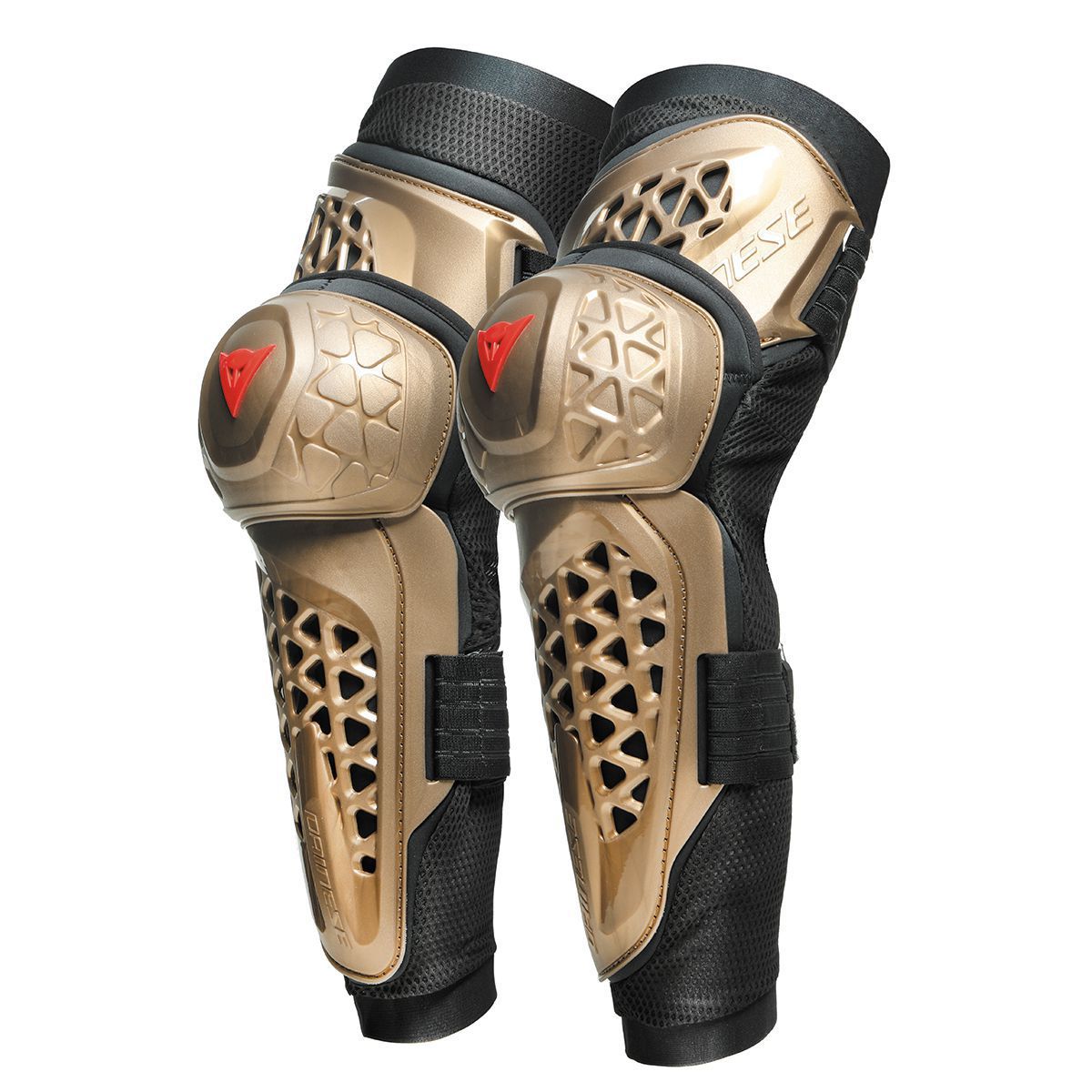 Black and copper knee protectors with red accents, featuring a honeycomb design, adjustable straps, and a Level-1 protection rating, suitable for size L.