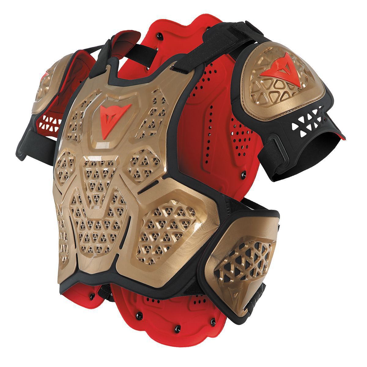 Dainese MX 2 Roost Guard Body Armour in copper and red, featuring a durable design with ventilation holes, adjustable straps, and protective shoulder and chest coverage.