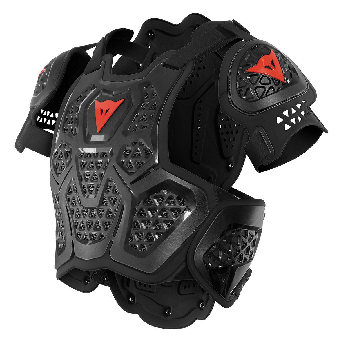 Black Dainese MX 2 Roost Guard Body Armour featuring a protective design, ventilated panels, and red accents, suitable for motocross and off-road riding.
