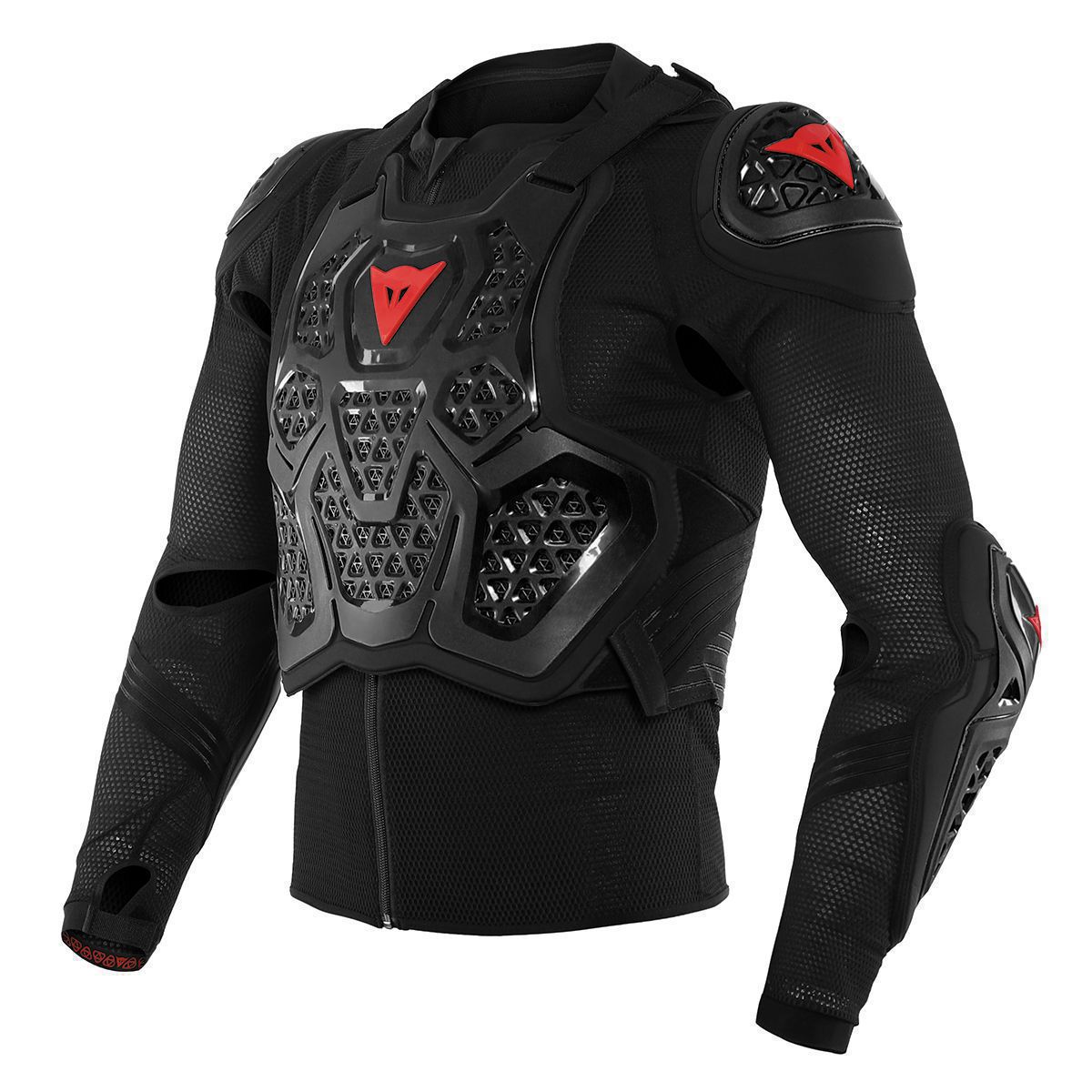Black Dainese MX 2 Body Armour Safety Jacket featuring a mesh material, protective hard shell panels, and red accents on the shoulders and chest for enhanced visibility and safety.