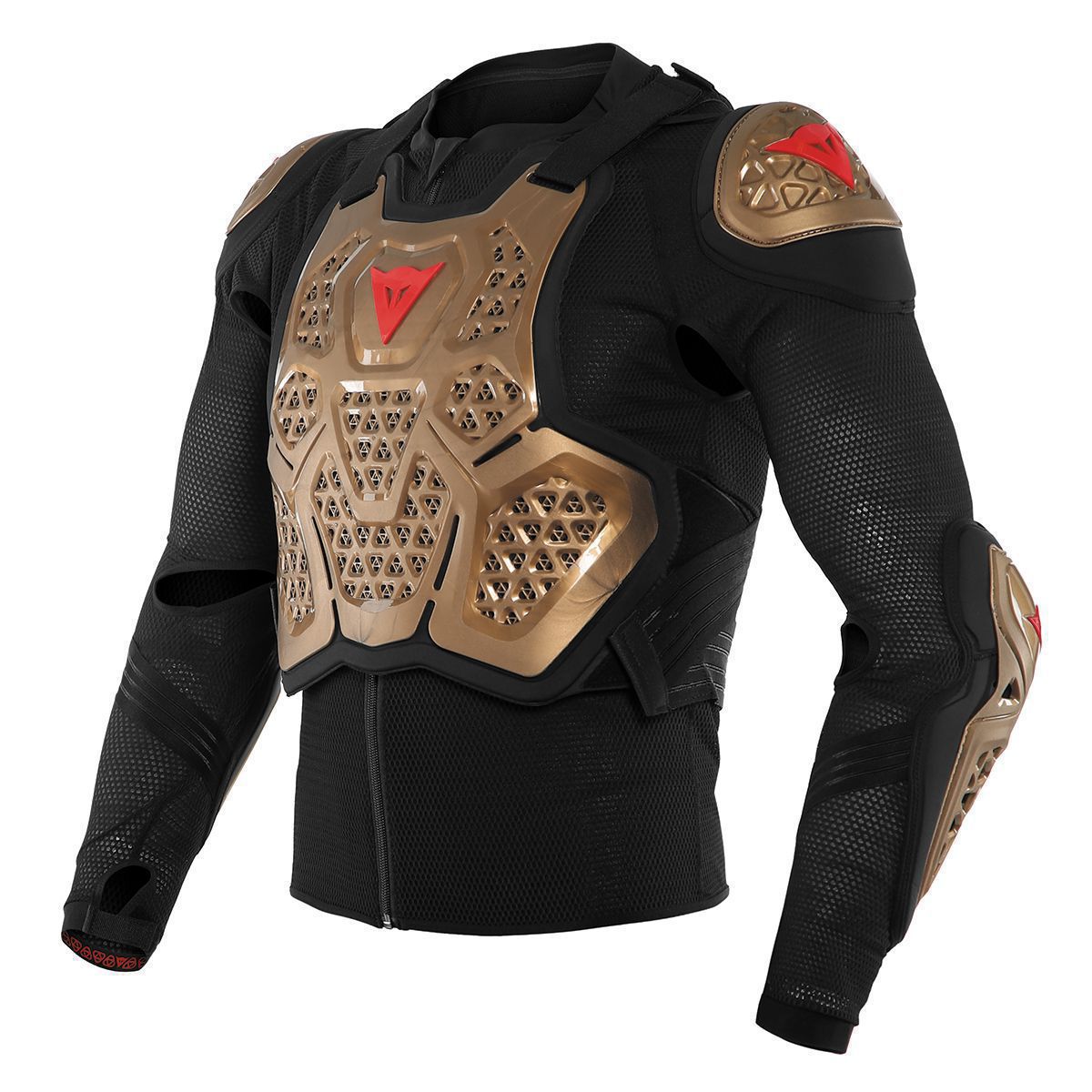 Dainese MX 2 Body Armour Safety Jacket in copper and black, featuring a mesh fabric, protective honeycomb shell, and padded shoulders for enhanced safety and comfort.