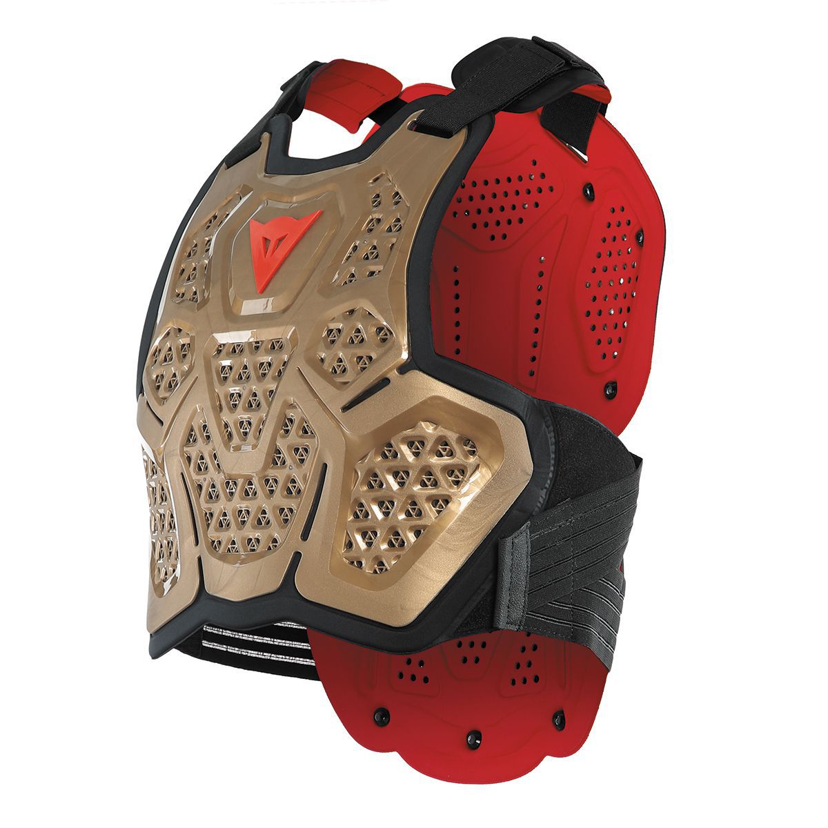 Dainese MX 3 Roost Guard Body Armour in copper and black, featuring a honeycomb design, adjustable straps, and red accents for enhanced protection and comfort.