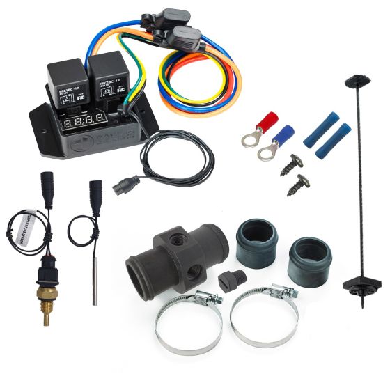 Davies Craig Digital EWP/Fan Switch Kit featuring a black relay module, colorful wiring, in-line adaptor, temperature probe, and various installation accessories.