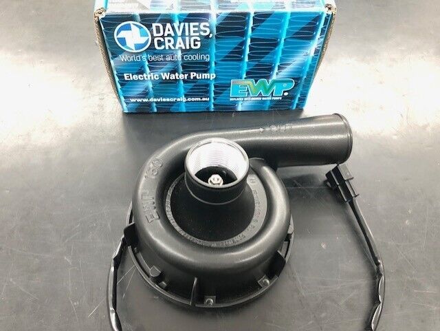 Black alloy electric water pump with a curved inlet and a wire harness, displayed on a blue and white branded box labeled "Davies Craig EWP150 Electric Water Pump."