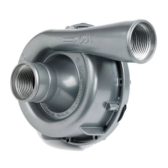 High-capacity grey alloy electric water pump with two threaded outlets, featuring a compact design and an installation kit for easy setup.