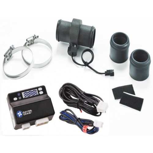 Low Coolant Level Alarm Kit by Davies Craig includes a black plastic sensor, two rubber hoses, metal clamps, wiring harness, and adhesive pads for installation.