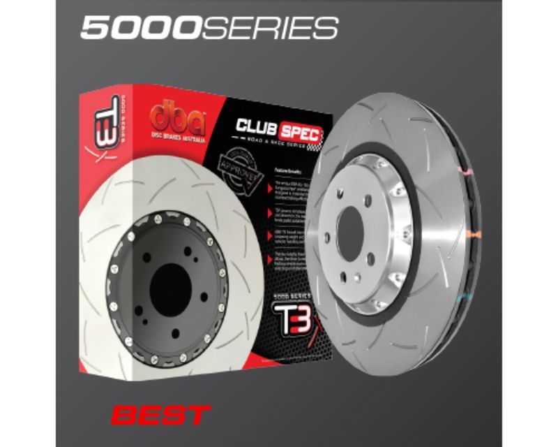 DBA 5000 Series T3 slotted brake disc, front vented, 350mm x 25mm, featuring a silver finish with distinctive slots and a robust design, packaged in a red and black box.
