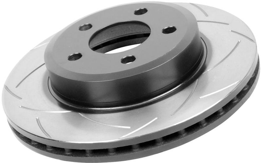 DBA Single Brake Disc Street Series T2 features a slotted design with a shiny silver surface and a black center hub, made from durable metal for enhanced braking performance.