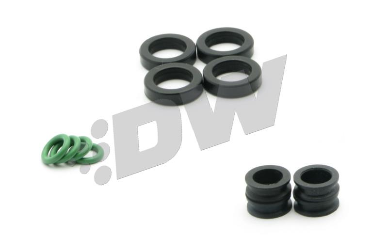 Four black fuel injector O-rings and two black spacers, accompanied by three green injector seals, designed for DeatschWerks 420cc fuel injectors for Honda Civic and Acura Integra models.