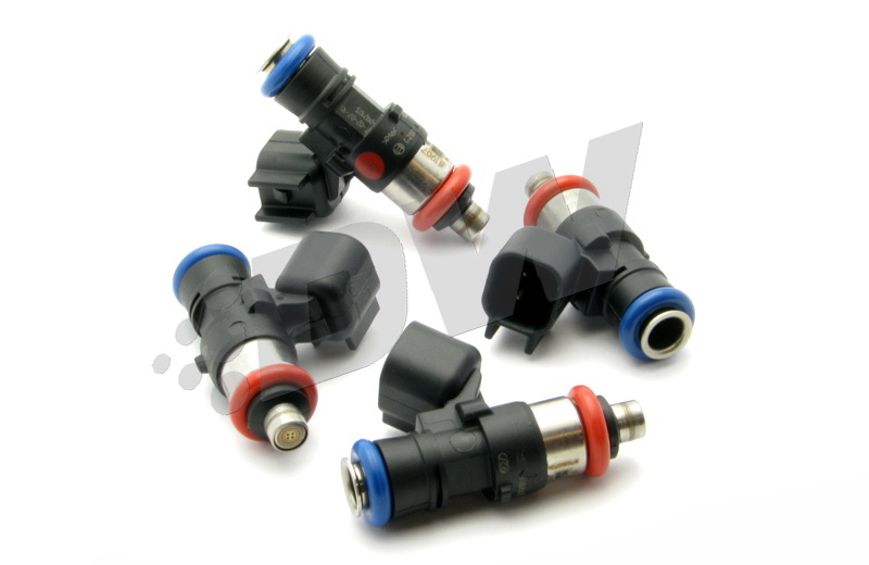 Four fuel injectors with black plastic bodies, red and blue O-rings, and metal tips, designed for universal fit, labeled with DeatschWerks branding and model number.