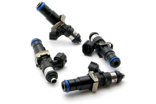Four black fuel injectors with blue accents and metal brackets, featuring a 60mm length and 14mm connector, designed for high-performance applications.