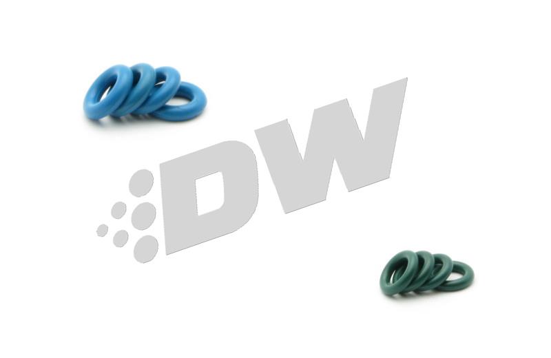 Set of four DeatschWerks Bosch EV14 60mm fuel injectors featuring a sleek metallic finish, with green and blue O-rings for secure installation.