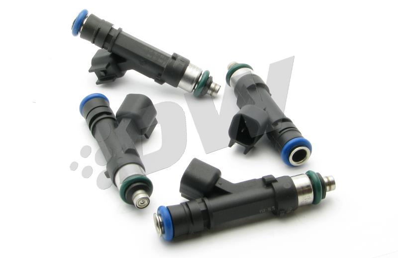 Four Bosch EV14 fuel injectors in black plastic with blue and green seals, featuring a standard 60mm length and designed for 60lb/hr flow rate, arranged on a white background.