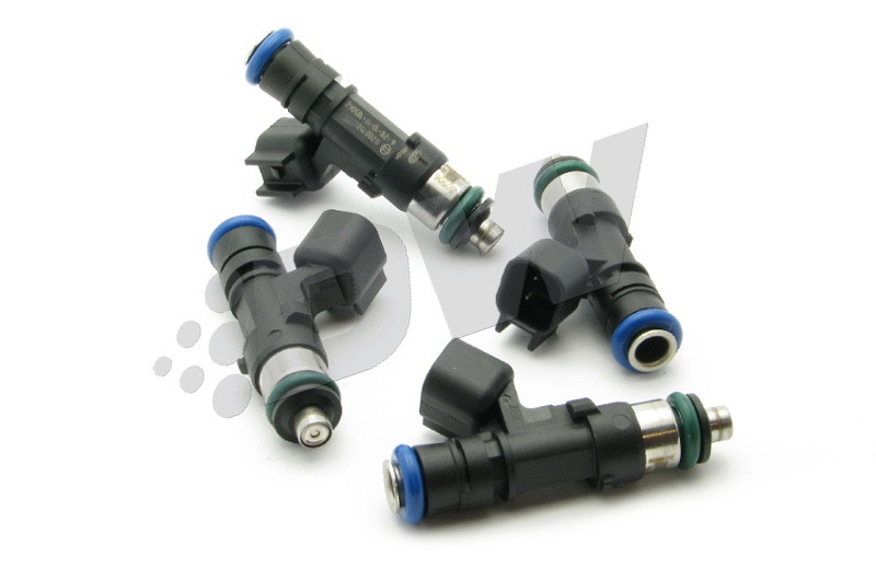 Four fuel injectors in black plastic with green and blue O-rings, featuring a metal nozzle and electrical connectors, designed for Chrysler, Dodge, and Jeep vehicles.
