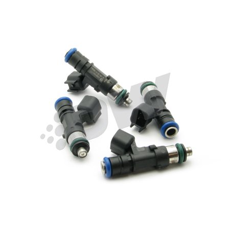 Four black fuel injectors with blue and silver accents, featuring electrical connectors and a cylindrical design, specifically designed for 2003-2006 Jeep Wrangler models.