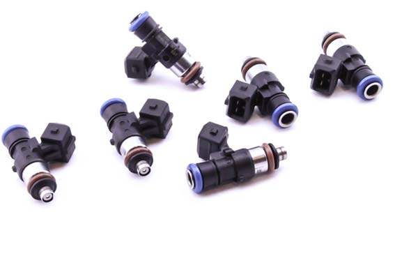 Six black and silver fuel injectors with blue accents, featuring a cylindrical body and electrical connectors, designed for high-performance applications.